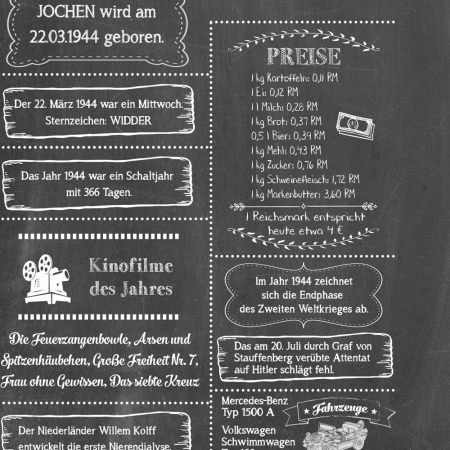 Retro Chalkboard Jahrgangsposter Chronik 1944 Details
