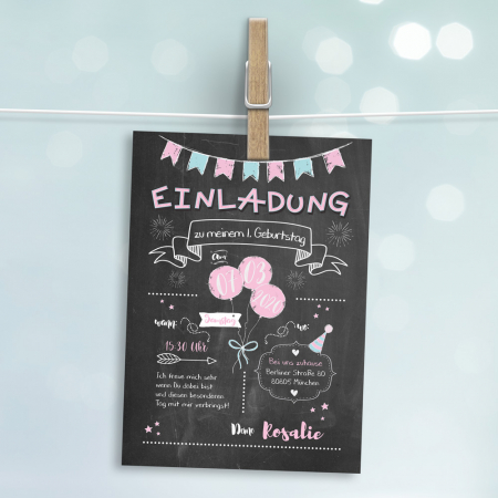 Einladung Kindergeburtstag Chalkboard Design rosa