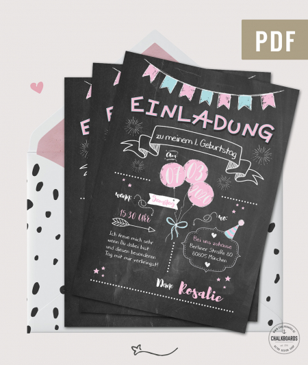 Einladung Kindergeburtstag Chalkboard Design rosa PDF