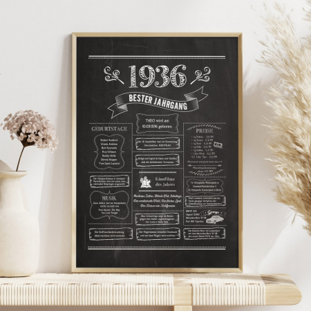 Retro Chalkboard Jahrgang 1936 Poster als personalisierte Jahreschronik, gerahmt, Boho-Deko mit Blumen
