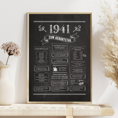 Retro Chalkboard Jahrgang 1941 Poster als personalisierte Jahreschronik, gerahmt, Boho-Deko mit Blumen