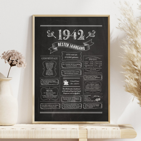 Retro Chalkboard Jahrgang 1942 Poster als personalisierte Jahreschronik, gerahmt, Boho-Deko mit Blumen