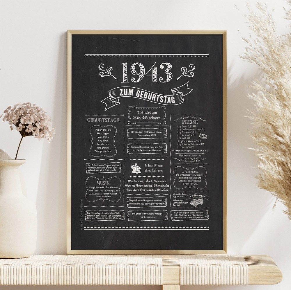 HB_Chalkboard_1943_2026 Retro Chalkboard Jahrgang 1943 Poster als personalisierte Jahreschronik, gerahmt, Boho-Deko mit Blumen