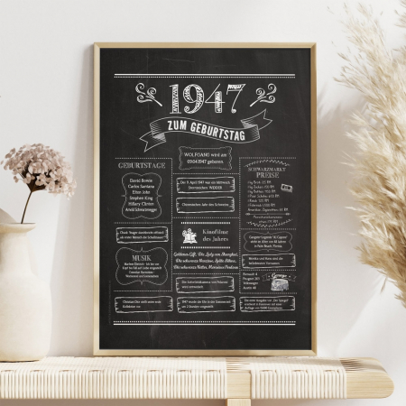Retro Chalkboard Jahrgang 1947 Poster als personalisierte Jahreschronik, gerahmt, Boho-Deko mit Blumen