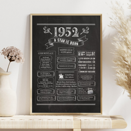 Retro Chalkboard Jahrgang 1952 Poster als personalisierte Jahreschronik, gerahmt, Boho-Deko mit Blumen