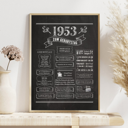Retro Chalkboard Jahrgang 1953 Poster als personalisierte Jahreschronik, gerahmt, Boho-Deko mit Blumen