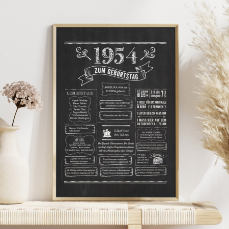 Retro Chalkboard Jahrgang 1954 Poster als personalisierte Jahreschronik, gerahmt, Boho-Deko mit Blumen