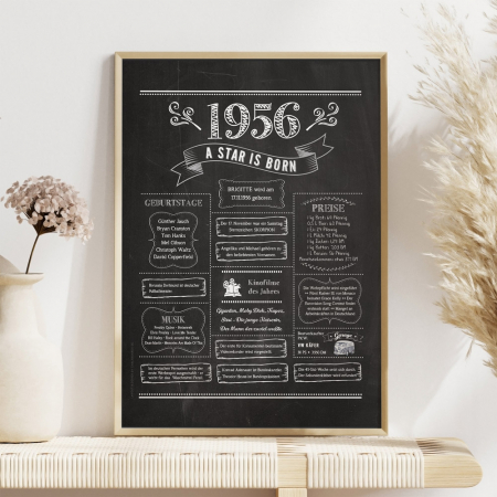 Retro Chalkboard Jahrgang 1956 Poster als personalisierte Jahreschronik, gerahmt, Boho-Deko mit Blumen