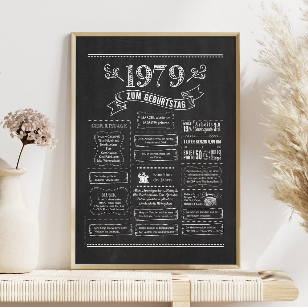 HB_Chalkboard_1979_2026 Retro Chalkboard Jahrgang 1979 Poster als personalisierte Jahreschronik, gerahmt, Boho-Deko mit Blumen