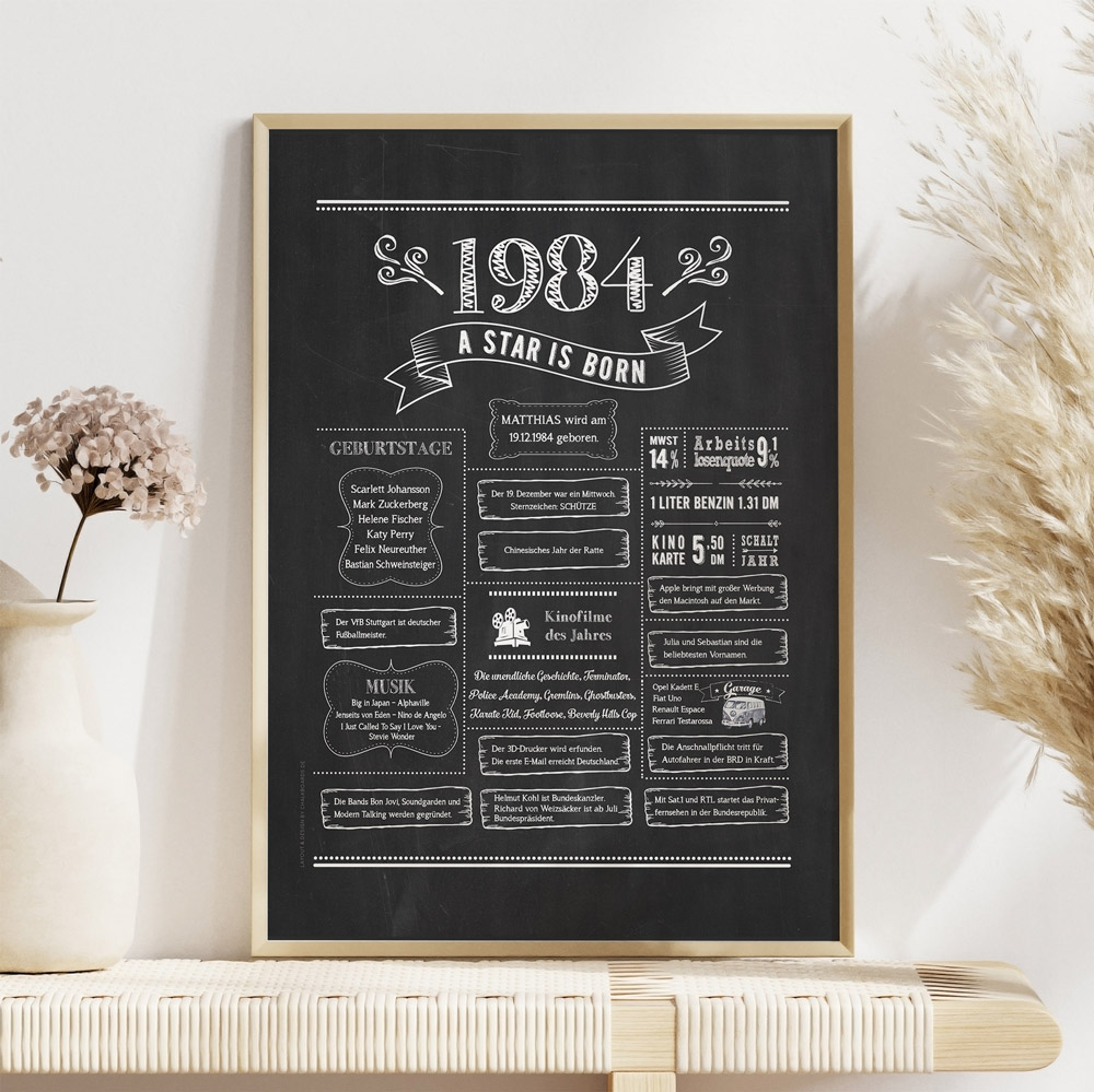 HB_Chalkboard_1984_2026 Retro Chalkboard Jahrgang 1984 Poster als personalisierte Jahreschronik, gerahmt, Boho-Deko mit Blumen