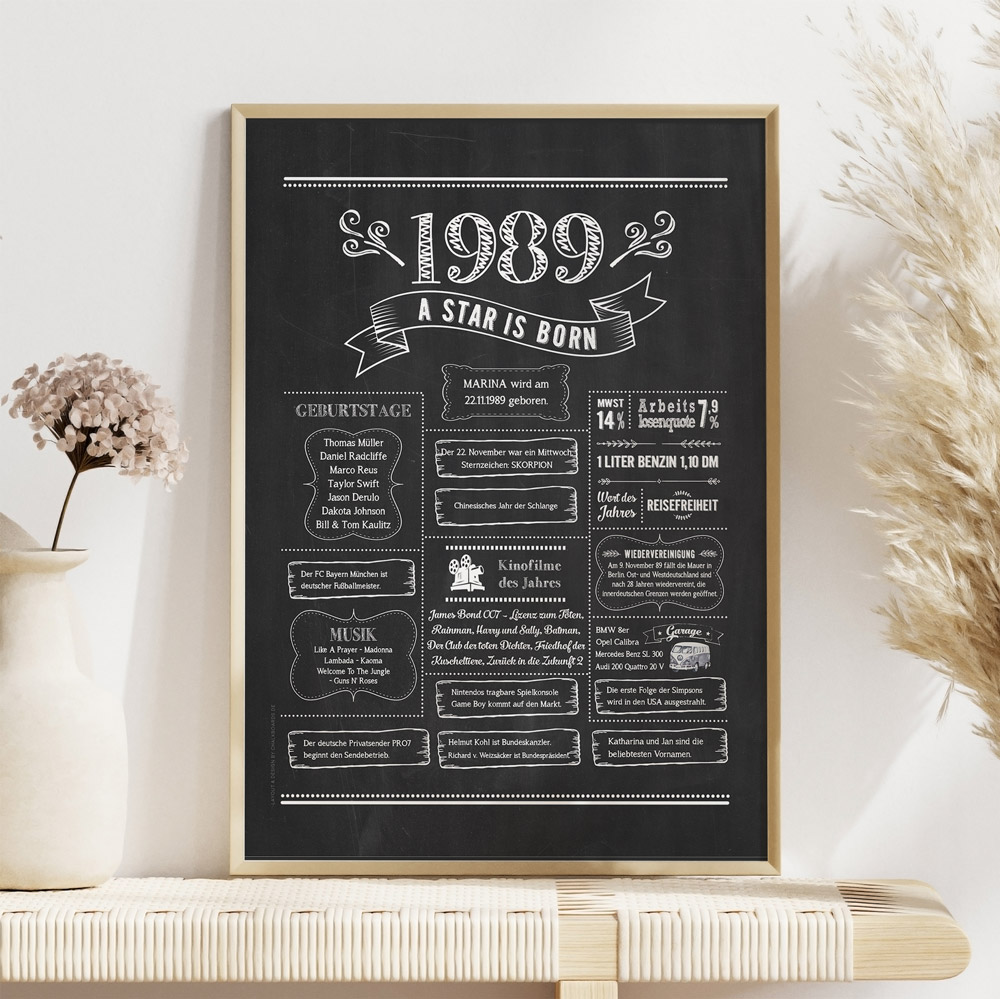 HB_Chalkboard_1989_2026 Retro Chalkboard Jahrgang 1989 Poster als personalisierte Jahreschronik, gerahmt, Boho-Deko mit Blumen
