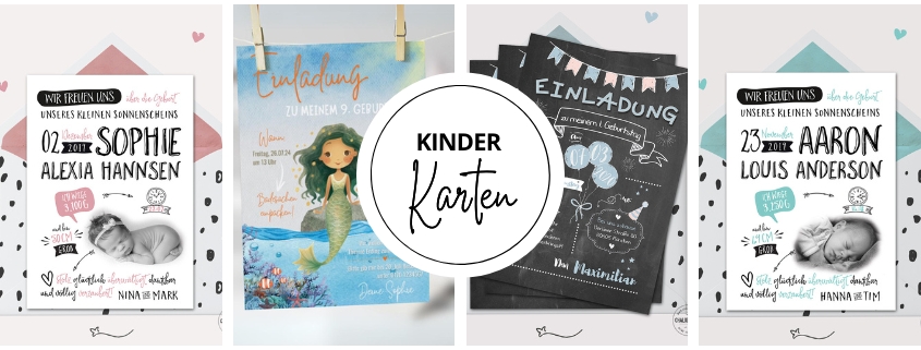 Kinderkarten, Geburtskarten, Einladungen Kindergeburtstag bei Chalkboards.de