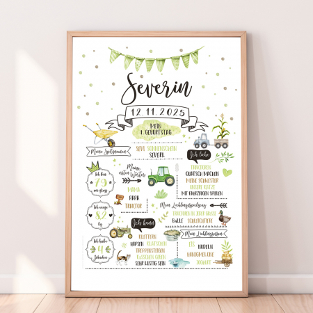 Baby Meilensteintafel zum Geburtstag Traktor Bauernhof Tiere Katze Ente Landwirtschaft Heu Schubkarre