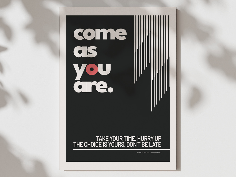 Lyrics_Come-as-you-are_Nirvana Lyrics Musik Poster - Come as you are - Ausschnitt aus einem Song von Nirvana mit grafischen Elementen - Auf Premiumpapier oder Alu-Verbundplatte