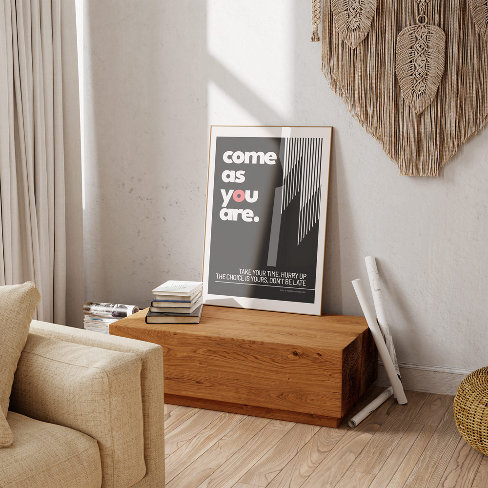 Lyrics_Come-as-you-are_Nirvana2 Lyrics Musik Poster - Come as you are - Ausschnitt aus einem Song von Nirvana mit grafischen Elementen Bild lehnt an der Wand - Auf Premiumpapier oder Alu-Verbundplatte